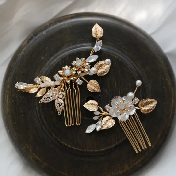Opal Rhinestones Crystal Hair Comb Pin Clip Gold Color Head Piece Brides Flower Leaf Hairpins Wedding Accessories Bridal Jewelry