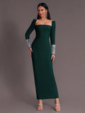 Women'S Elegant Bandage Dresses Square Neck Long Sleeved Nail Bead Design Bodycon Long Dress Evening Party Vestidos
