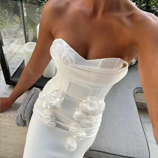 White Color Women Sexy Strapless Florals Off the Shoulder Bodycon Bandage Mid-calf Dress Celebrate Evening Party Vestido WHITE