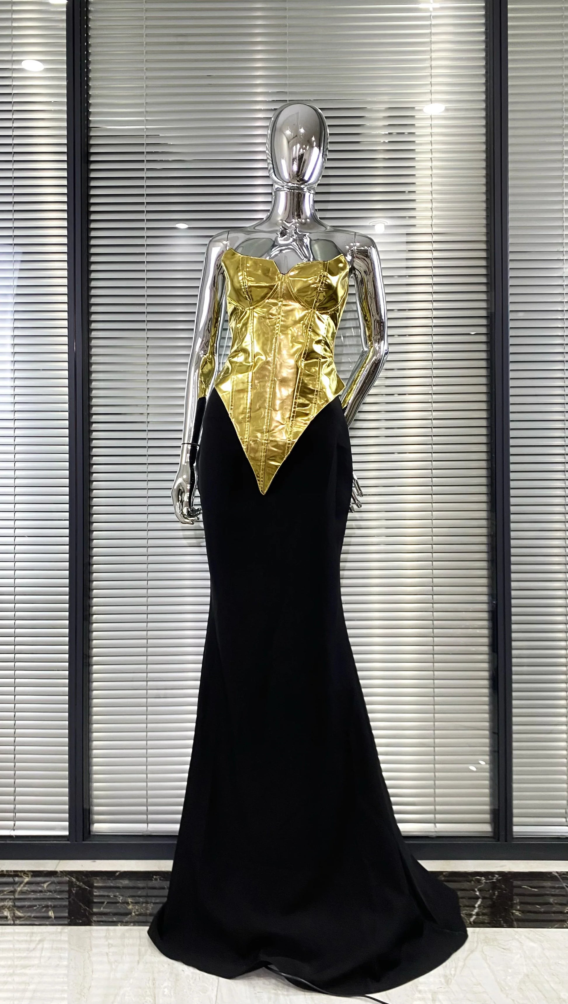 Women Sexy Gold Laced-up Tops Long Maxi Skirt Set Celebrate Evening Party Nightclub Fashion Cocktail Outfit Dress