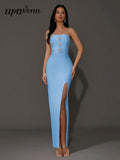 2024 Sexy Women'S Light Luxury Rhinestone Bandage Dress Strapless Sleeveless Bodycon Split Length Dress Christmas Party Vestidos