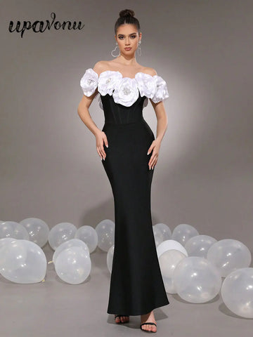 Elegant Women's Light Luxury Flower Design Bandage Dresses One Collar Shoulder Bodycon Bareback Long Dress Party Vestidos