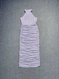 Women Celebrity Sexy Sleeveless Diamonds Backless Ruched Beige Maxi Long Gowns Dress Elegant Evening Party Club Vestido Lavender