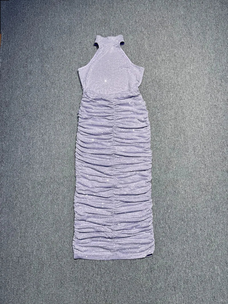 Women Celebrity Sexy Sleeveless Diamonds Backless Ruched Beige Maxi Long Gowns Dress Elegant Evening Party Club Vestido Lavender