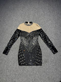 Women Long Sleeve Sexy Shinning Rhienstones Bodycon Mini Bandage Dress Nightclub Party Club Singer Celebrate Performance Costume