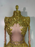 Sparkly Gold Rhinestone Sequin Stretch Bodysuits Women Luxury Birthday Party Nightclub Dancer Stage Performance Costume