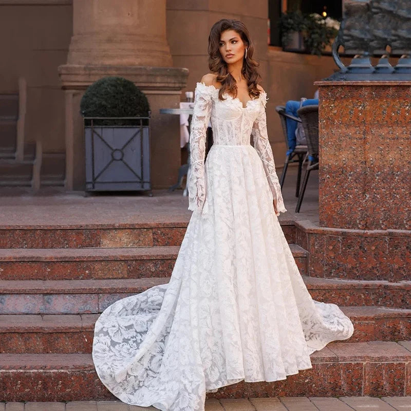 Elegant A-Line Wedding Dresses Sweetheart Long Sleeves Appliques Bridal Dress Formal Wedding Ball Prom Gowns Customized White