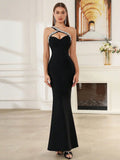 2024 Sexy Women's Wear Beaded Water Diamond Bandage Dress One Shoulder Sleeveless Bodycon Off the Back Long Dress Party Vestido black