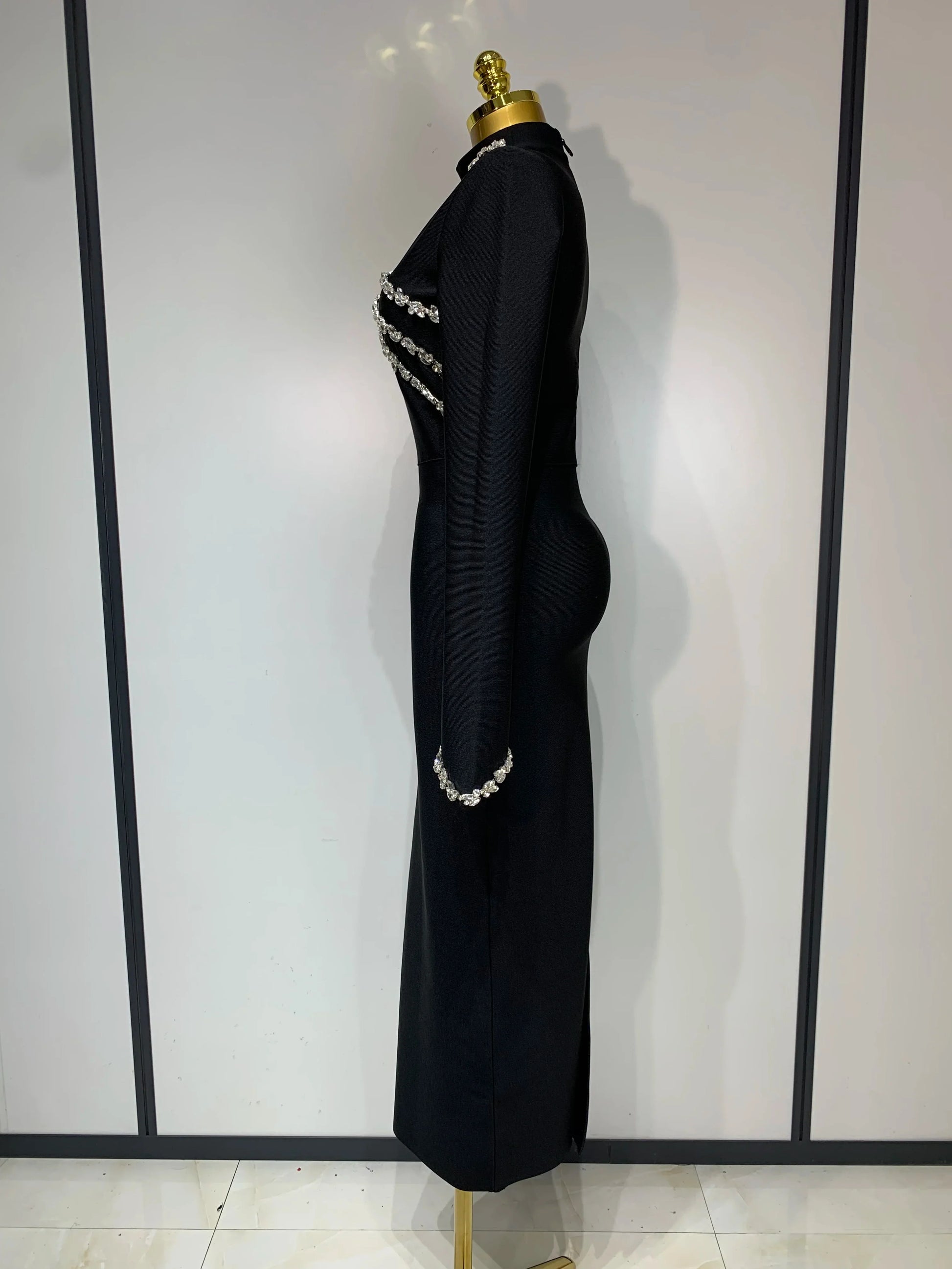 High Quality Women Long Sleeve Shinning Crystal Bodycon Long Bandage Dress Celebirty Elegant Evening Party Luxury Birthday Dress