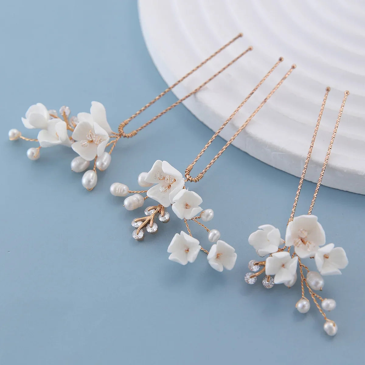 Bridal Jewelry Porcelain Flower Hair Pin Clip Freshwater Pearl Head Piece Brides Vintage Gold Color Hairpin Wedding Accessories