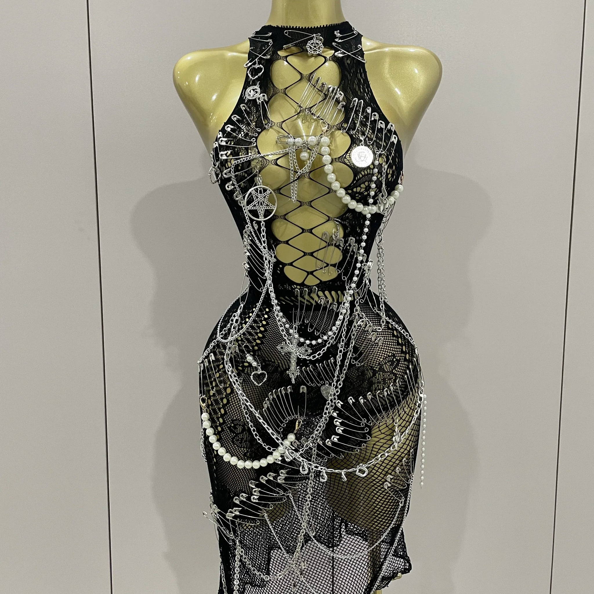 Sexy Black See-Through Pin Decoration Chain Beading Short Dress Women Birthday Evening Party Nightclub Performance Costume black