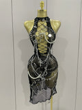 Sexy Black See-Through Pin Decoration Chain Beading Short Dress Women Birthday Evening Party Nightclub Performance Costume black