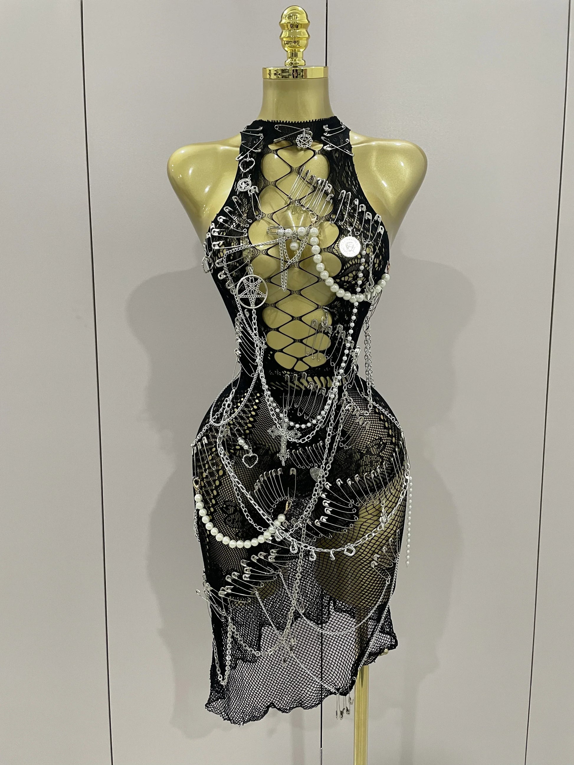 Sexy Black See-Through Pin Decoration Chain Beading Short Dress Women Birthday Evening Party Nightclub Performance Costume black
