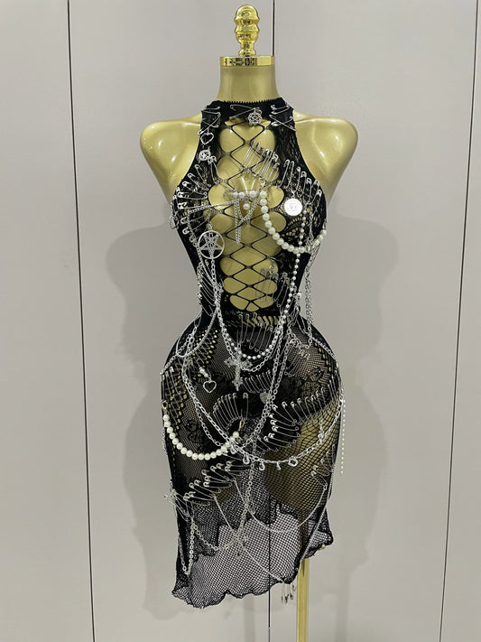 Sexy Black See-Through Pin Decoration Chain Beading Short Dress Women Birthday Evening Party Nightclub Performance Costume black