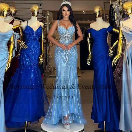 Mature Sky Blue Prom Dress Mermaid Strapless Spaghetti Strap Ankle Length Formal Evening Dress Women Party Gowns
