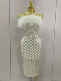 Shinning White Feathers Sequins Straples Bodycon Dress Women Fashion Celebrate Luxury Birthday Party Cocktail Dress WHITE