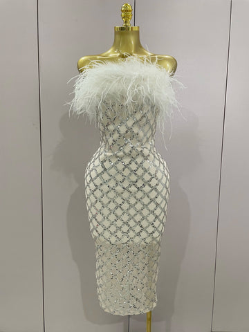 Shinning White Feathers Sequins Straples Bodycon Dress Women Fashion Celebrate Luxury Birthday Party Cocktail Dress WHITE