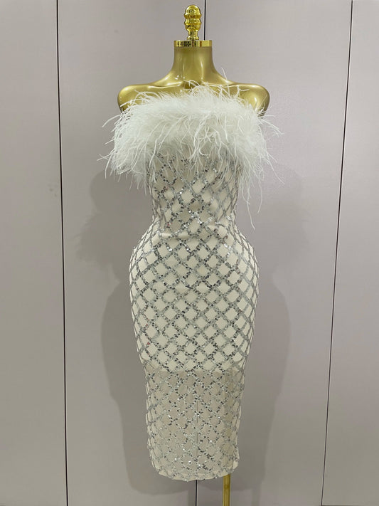Shinning White Feathers Sequins Straples Bodycon Dress Women Fashion Celebrate Luxury Birthday Party Cocktail Dress WHITE