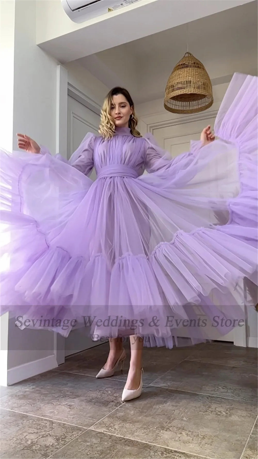 Long Sleeves Prom Gowns A Line Tulle Tiered Skirt Short Formal Special Party Dresses Women Bridesmaid Dress