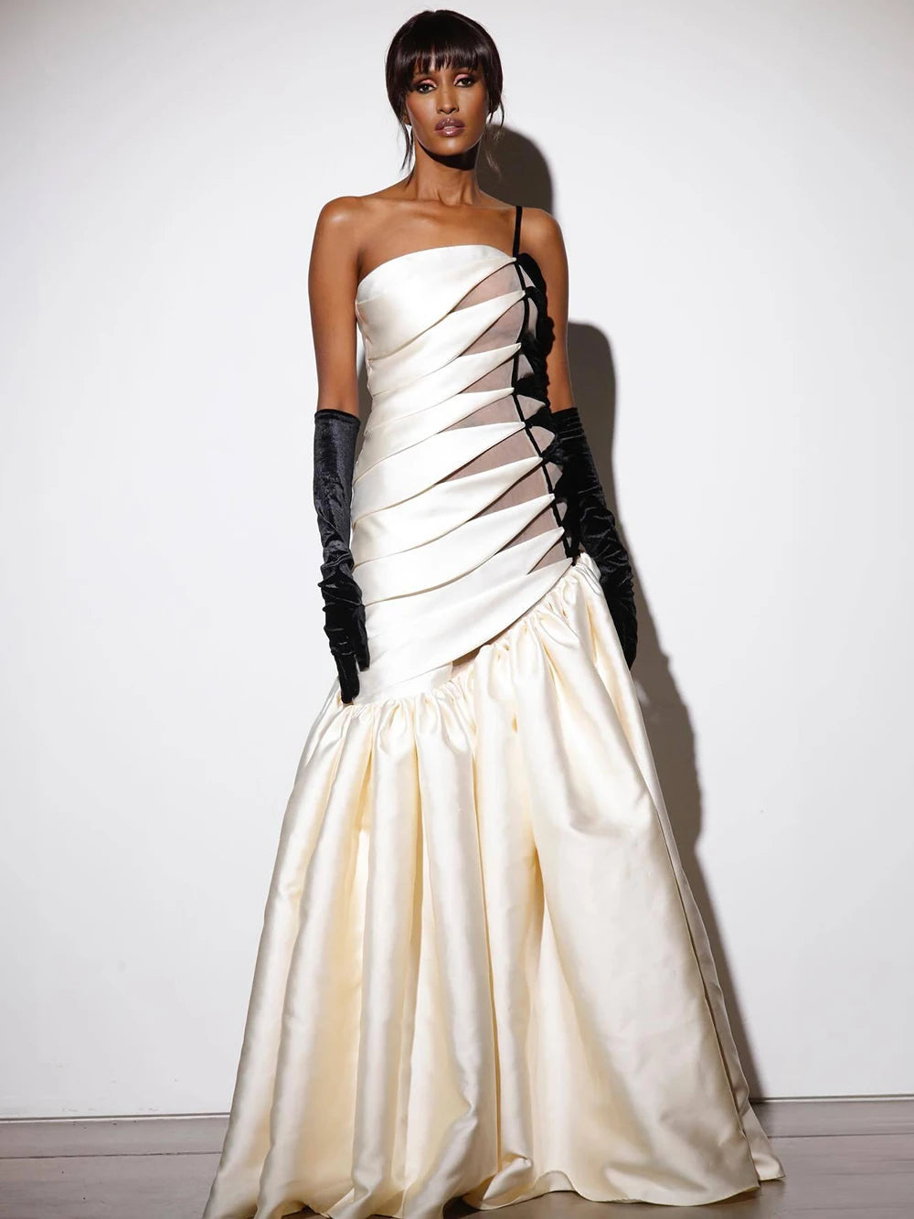 Elegant Strapless Slim Long Dress Sexy One Shoulder Black And White Contrasting Evening Gowns Banquet Wedding Dress For Women