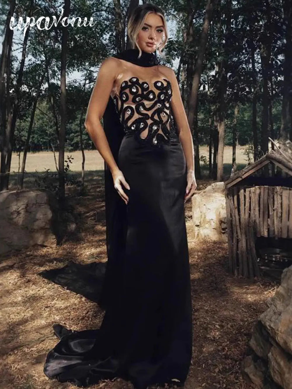 Elegant Women's Light Luxury Nail Bead Patchwork Bandage Dress+Scarf Strapless Sleeveless Bodycon Long Dress Party Vestidos