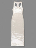 2025 Spring Sexy Women's Light Luxury Bright Piece Long Dress with U Neck Sleeveless Bodycon backless Evening Club Party Dresses