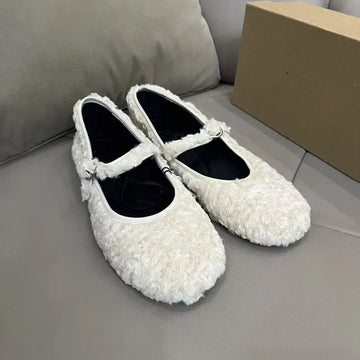 White Round Toe Wool Ballet Flats for Women with Soft Soles Whtie