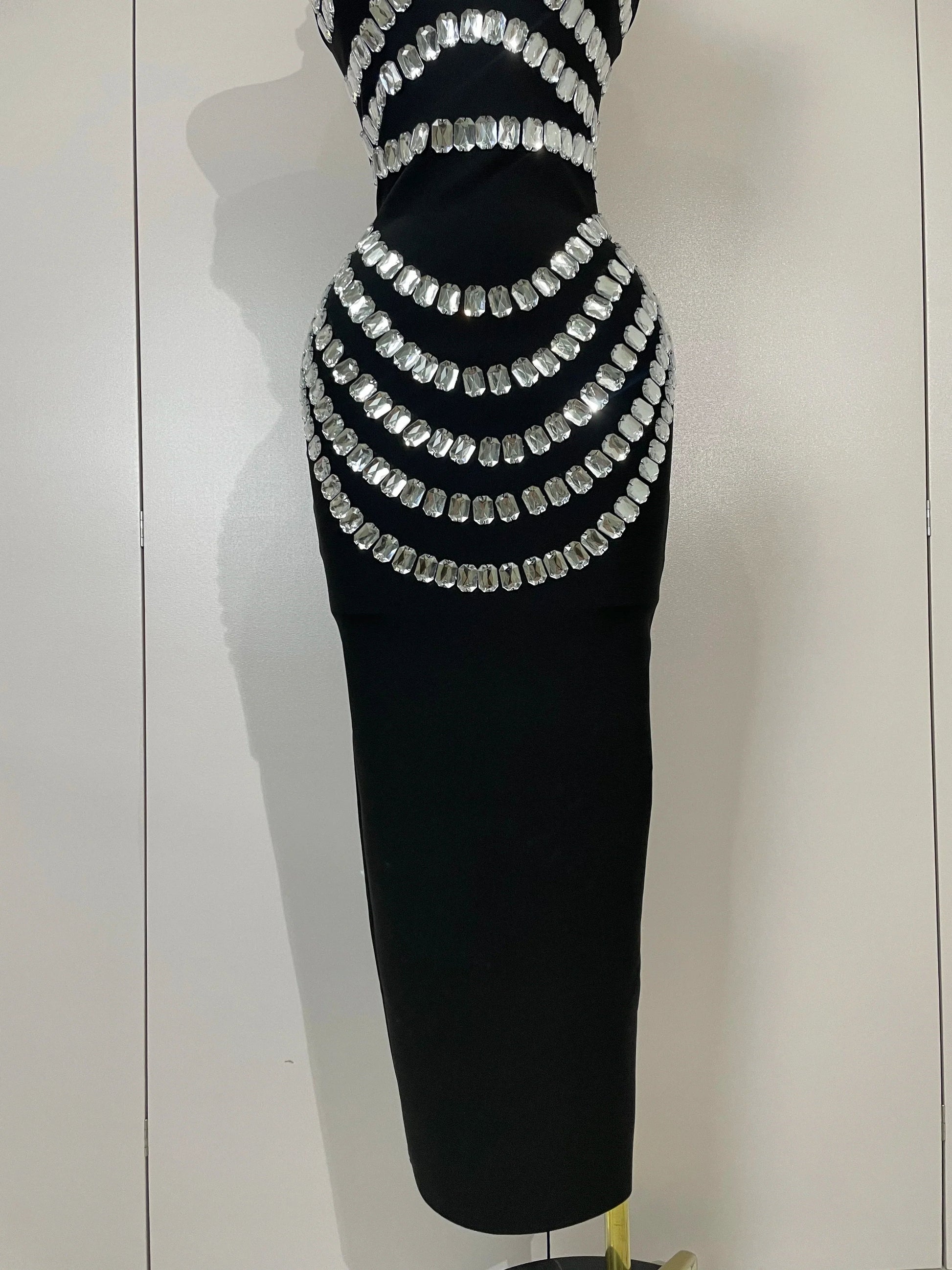 Women Sexy Backless Strapless Black Beading Long Bandage Bodycon Dress Celebrity Elegant Evening Luxury Birthday Dresses