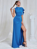 Elegant Women Maxi Dress O-neck Single Shoulder Sleeveless Bodycon Draped Split Body Long Dress Evening Club Party Vestidos