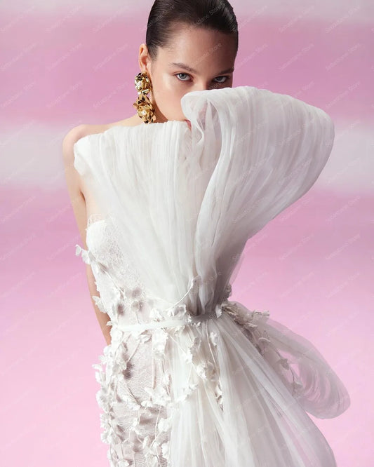 Chique witte zeemeermin prom -jurken straply puffly Appliques Lace Handmade Bloem Bridal Wedding Jurk Big Bow TuLle Avond