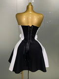 Women Flower Decoration Strapless Black White Stripe Bandage Short Dress Cocktail Party Elegant Evening Club Party Dress