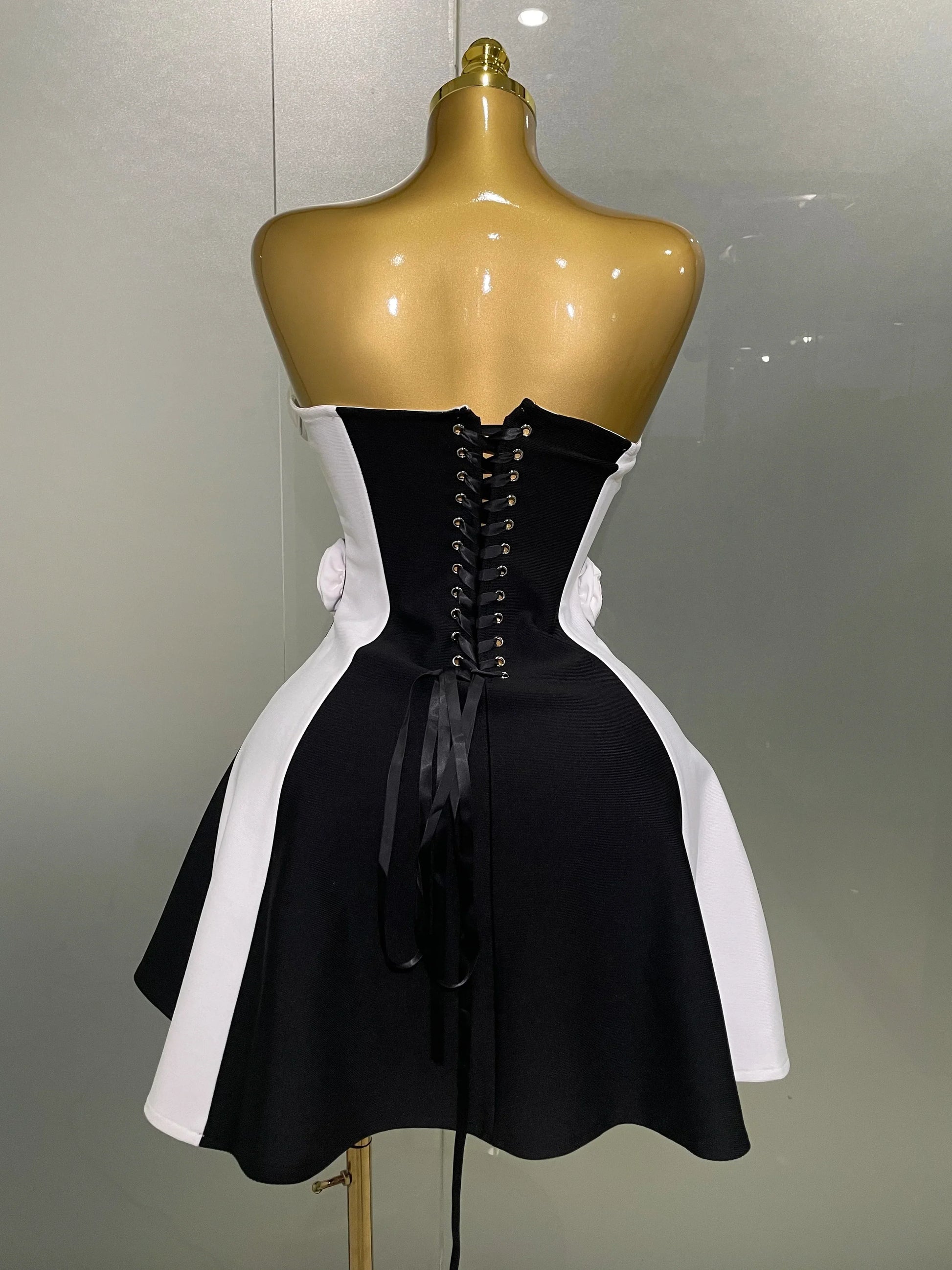 Women Flower Decoration Strapless Black White Stripe Bandage Short Dress Cocktail Party Elegant Evening Club Party Dress