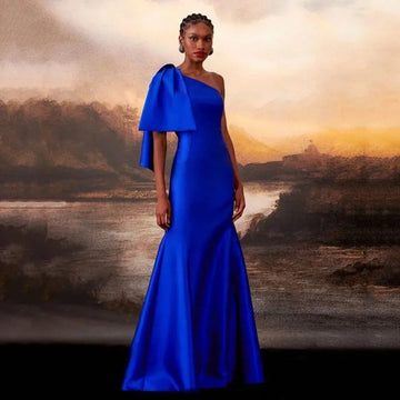 Royal Blue Satin One Shoulder Long Evening Gown Formal Dress for Women Blue
