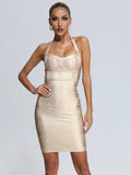 Sexy Summer Coated Bandage Dress Women Neck Hanging Sleeveless Bodycon Backless Mini Dress Celebrity Evening Club Party Vestidos Gold