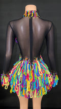Women Shiny Colorful Diamonds Sexy Stretch Transparent Mesh Short Dress Nightclub Party Singer Stage Performance Costume