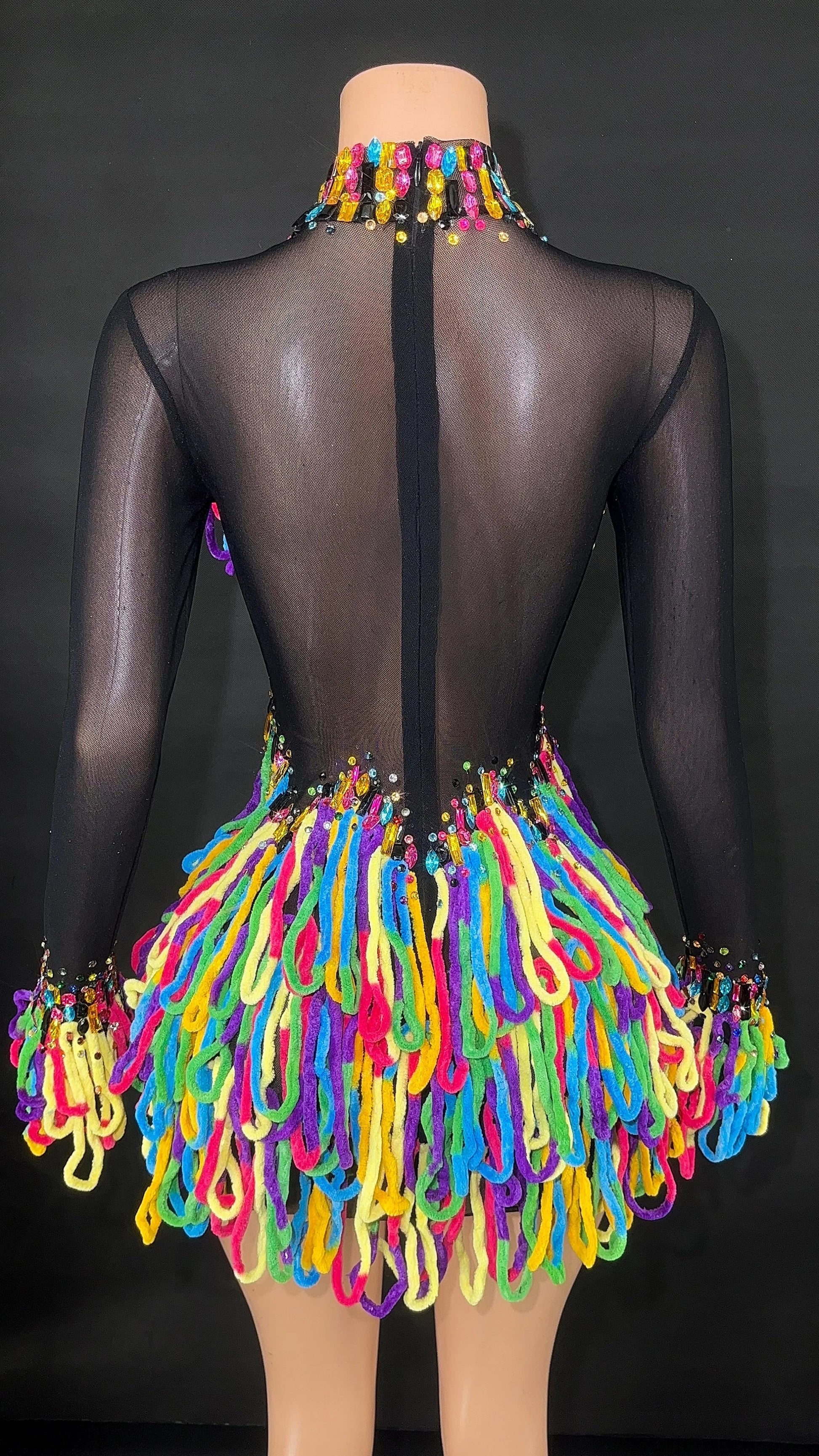 Women Shiny Colorful Diamonds Sexy Stretch Transparent Mesh Short Dress Nightclub Party Singer Stage Performance Costume