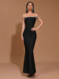 Elegant Women's Spaghetti Strap Nail Diamond Design Bandage Dress Bodycon Backless Long Dress Fashion Dinner Party Vestidos black