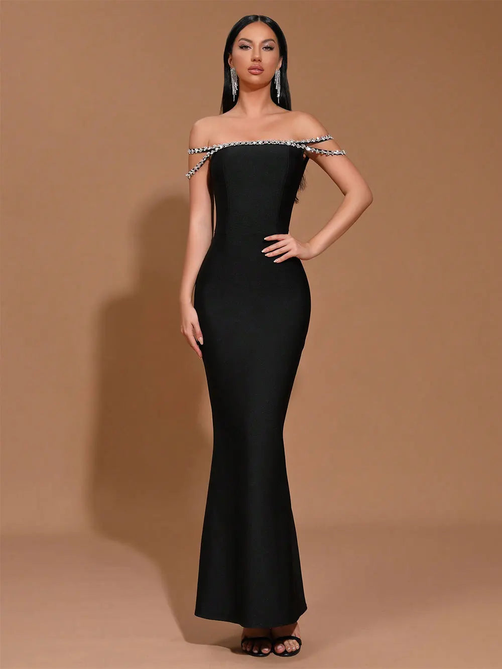 Elegant Women's Spaghetti Strap Nail Diamond Design Bandage Dress Bodycon Backless Long Dress Fashion Dinner Party Vestidos black