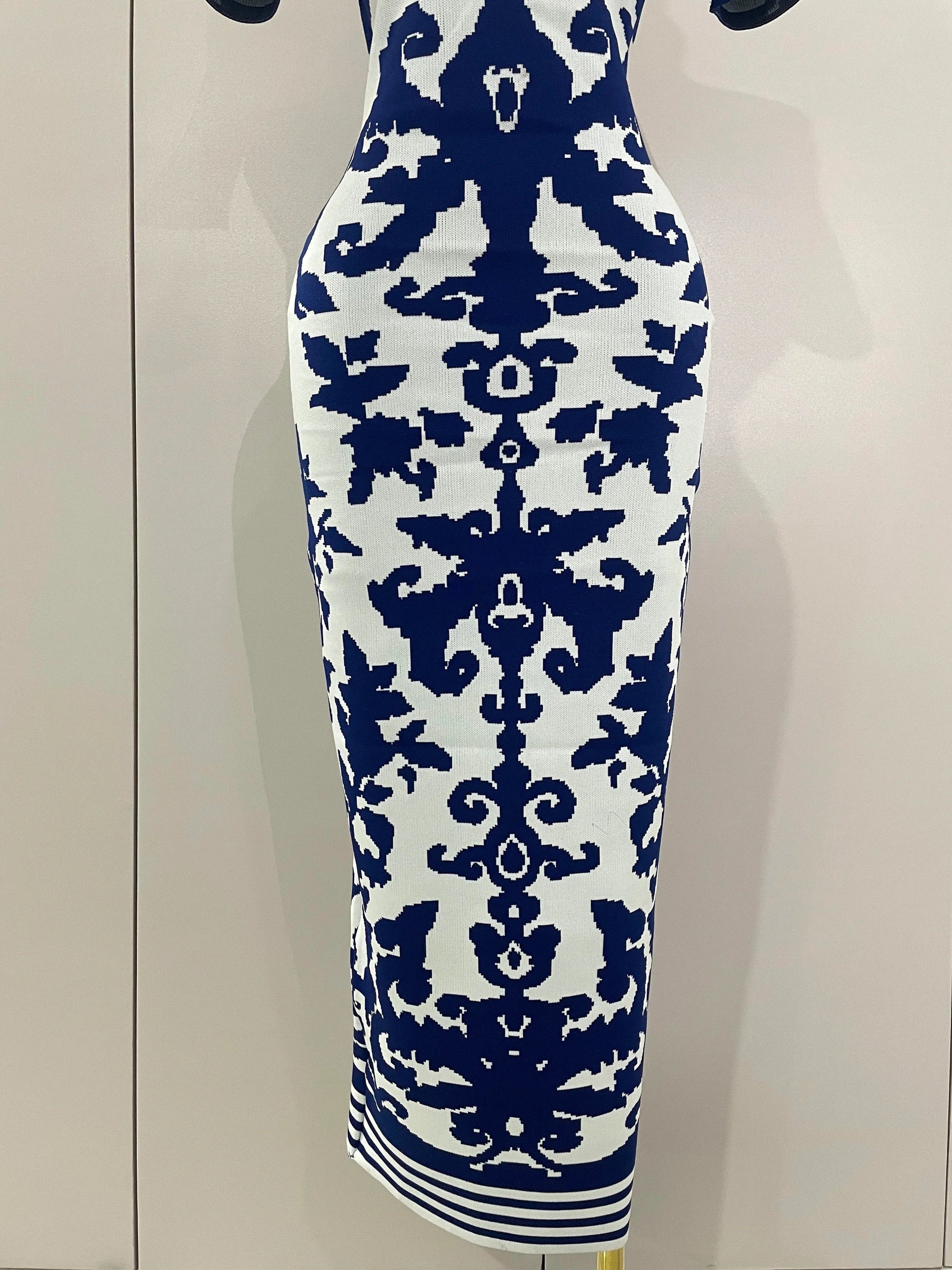 Sexy Short Sleeve Jacquard Blue Bandage Bodycon Long Dress Women Celebrity Elegant Evening Club Party Luxury Dresses