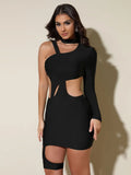 Spring Women's Sexy Asymmetric Bandage Dresses Stand Collar Single Shoulder Long Sleeve Bodycon Hollow Mini Dress Vestidos