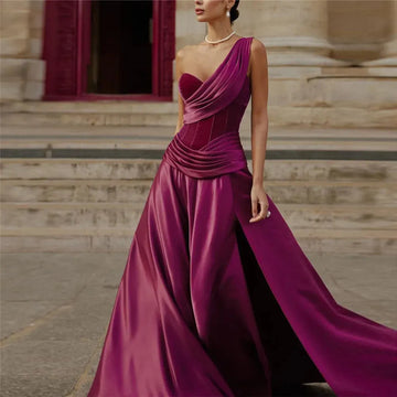 Elegant Fuchsia A-Line One Shoulder Pleated Floor-Length Prom Dress with High Side Slit Fuchsia