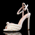 Luxury Handmade Pearl Peep Toe Women Sandals Fashion Summer Wedding Princess Thin High heels Elegant Party Prom Bridal Shoes Beige