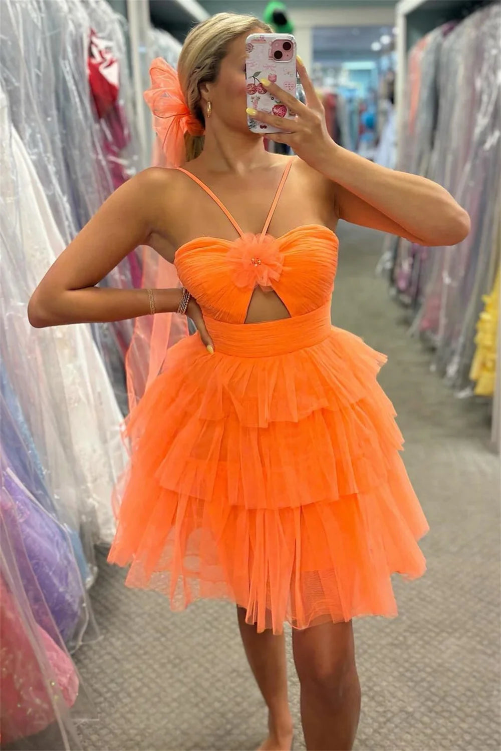 Spaghetti Strap Halter Neck Prom Dresses Orange Tulle Evening Dress Tiered Ruffle Mini Knee-Length Formal Evening As Picture