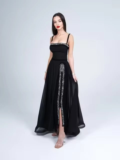 Black Prom Dress A-Line Spaghetti Strap Side Slit Floor Length Evening Dress vestidos para eventos especiales