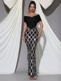 Spring Sexy Women's Chiffon Patchwork Sparkle Nail Bead Long Dress V-neck Short Sleeve Bodycon Dress Cocktail Banquet Dress