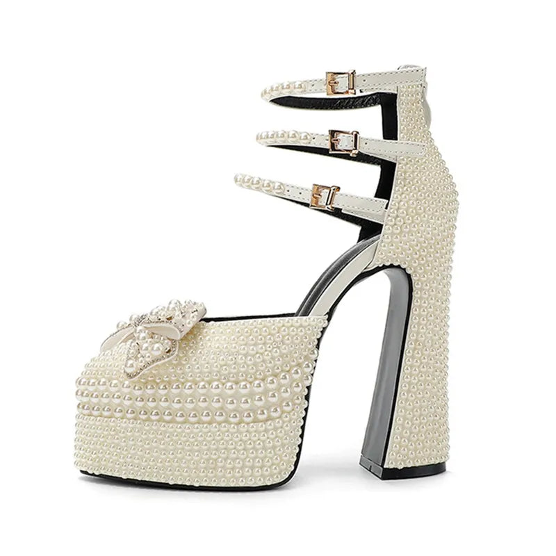 Luxury Handmade Full Pearls Rhinestones Bowknot Women Pumps Fashion Ankle Strap Platform Wedges High heels Banquet Wedding Shoes White