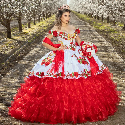Mexican Charro Quinceanera Dresses With Flower Embroidery Off The Shoulder Corset Sweet 15 Years Ball Gown Prom Customized