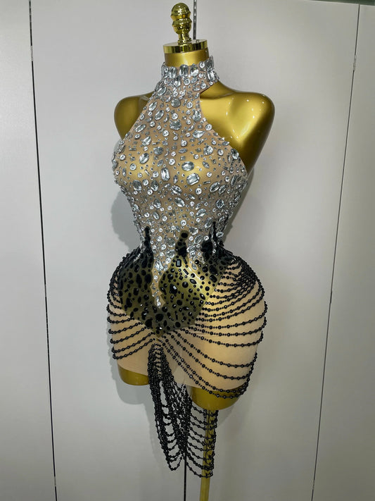 Sparkly Crystals Beading Short Dress Women Sexy Mesh Backless Evening Prom Celebrate Birthday Dress Photo Shoot Wear
