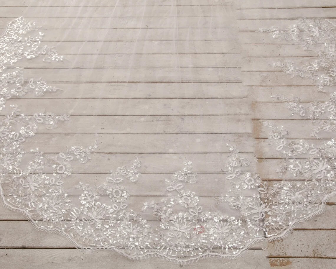 Lace with Sequins in White , off-White , Ivory Wedding Veil Cathedral Length Bridal Veil