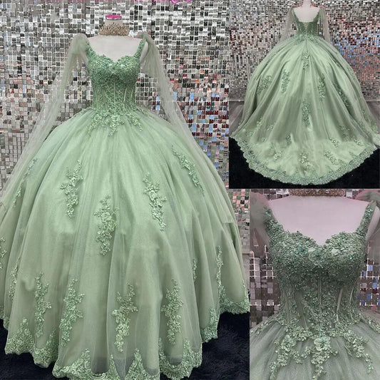 Charro Mint Green Quinceanera Dress Sweet 16 Vestidos 15 Anos Cap Sleeve Lace Ball Gown Prom Dress Corset Pageant Customized Blue